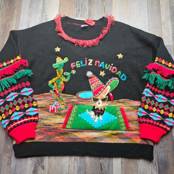 CHRISTMAS Sweater Women's XL (16-18) Feliz Navidad Chihuahua Dog in Sombrero - Picture 1 of 9